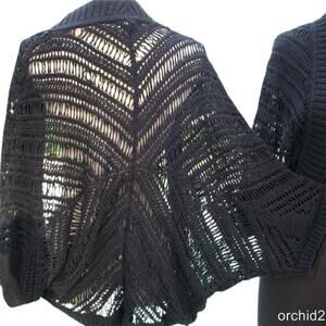 Cache Black Open Knit Jacket Top Shrug Banded Bottom Trim New Stretch $108 NWT M